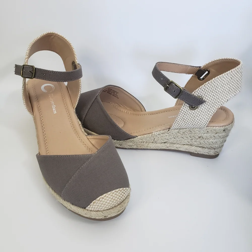 Tru Comfort Espadrille - Gray w/ Raffia Wedge - Canvas Textile Wide Width 8